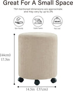 Get Set Style Ottoman with Wheels, Rolling Vanity Stool for Makeup, Upholstered Vanity Rolling Chair Footrest Round Ottoman Foot Stool for Living Room, Bedroom Creamy