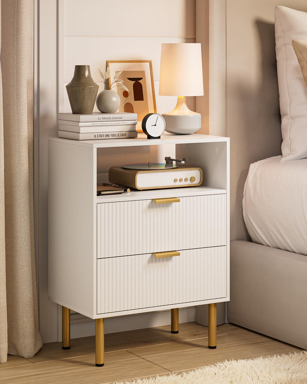 Night Stand,25.7" H Bedside Table with 2-Drawer Shelf,Morden Nightstand with Gold Frame,Fluted Side Table with Gold Frame,End Table for Bedroom,Living Room