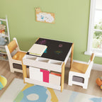 Kids 4‑in‑1 Wooden Table & 2 Chairs Set Brown | 4‑in‑1 double‑sided tabletop, multi‑storage, burr‑free wood, waterproof finish, for kids drawing reading craft activities