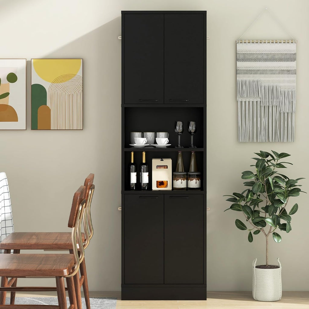 Kitchen Pantry Cabinet, Dining Room Cupboard with 4 Doors & 2 Open Countertop, 4 Anti-Tipping Devices, 75”Tall Bathroom Cabinets (Black)