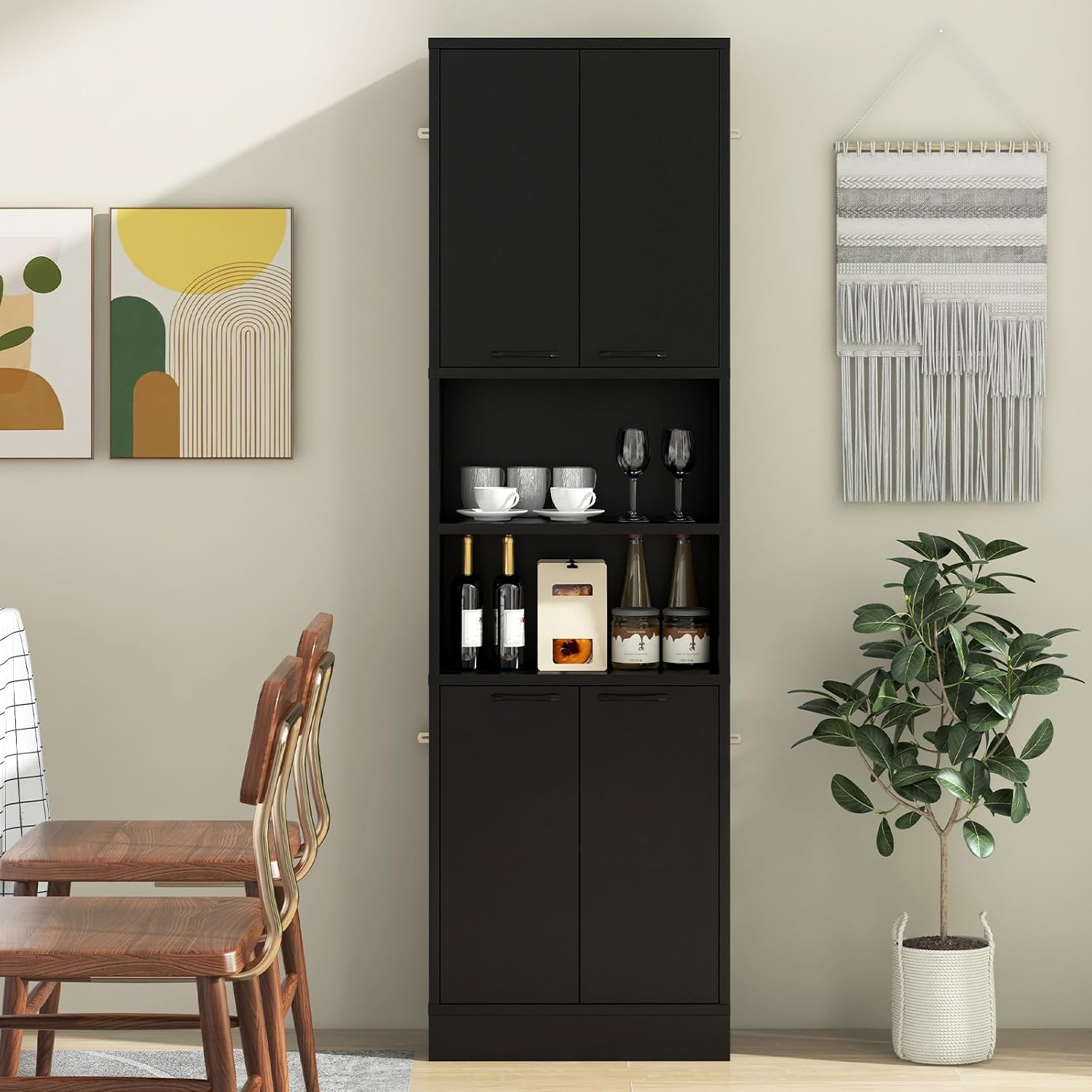 Kitchen Pantry Cabinet, Dining Room Cupboard with 4 Doors & 2 Open Countertop, 4 Anti-Tipping Devices, 75”Tall Bathroom Cabinets (Black)