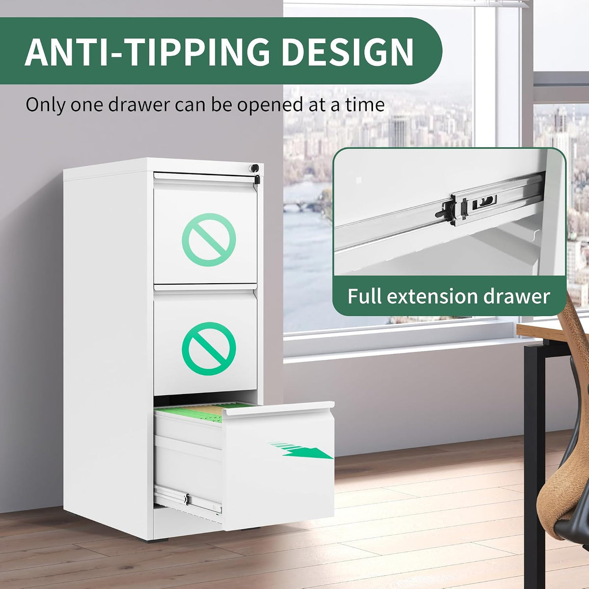 3 Drawer File Cabinet, Vertical File Cabinets with Lock for Home Office,Heavy Duty Office Steel Filing Cabinet for Hanging Letters/Legal/A4, Assembly Required (White)