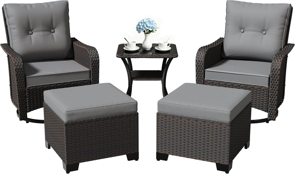 Gotland Outdoor Swivel Chairs Set of 2, 5 Pieces Patio Furniture Set with Ottomans Rattan Coffee Table Thick Cushion, Outdoor Swivel Rocker Wicker Patio Bistro Set for Balcony Porch, Grey