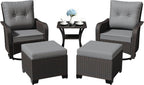 Gotland Outdoor Swivel Chairs Set of 2, 5 Pieces Patio Furniture Set with Ottomans Rattan Coffee Table Thick Cushion, Outdoor Swivel Rocker Wicker Patio Bistro Set for Balcony Porch, Grey