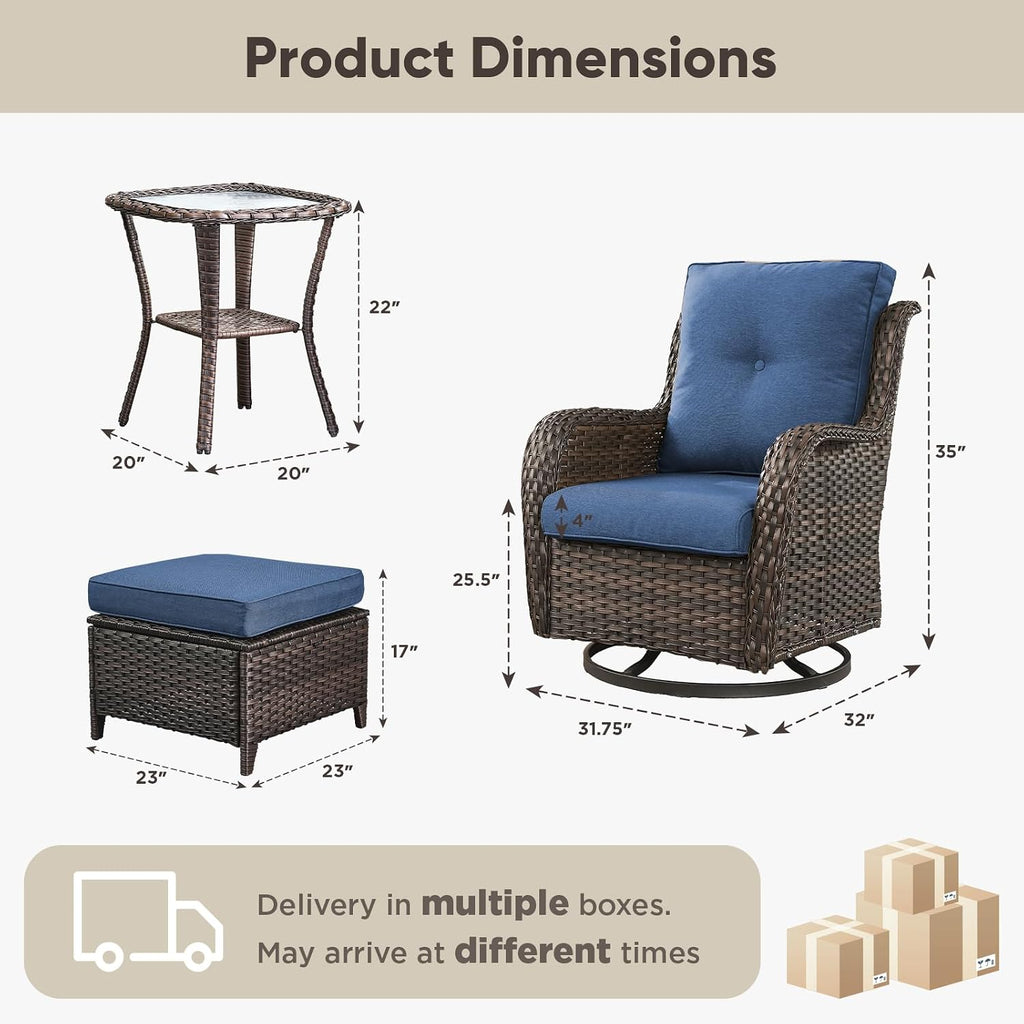 Belord 5 Piece Wicker Patio Furniture Set, Outdoor Swivel Rocker Chairs Set of 2 with Ottomans and Side Table, All Weather Patio Conversation Furniture Set, for Porch Pool, Brown Wicker/Blue