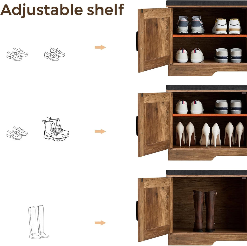 HOMSHO Farmhouse Shoe Storage Bench with 4 Barn Doors & Padded Seat Cushion | 47.2" Wide Entryway Bench with Adjustable Shelves & Hidden Storage, Rustic Walnut