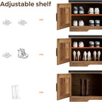 HOMSHO Farmhouse Shoe Storage Bench with 4 Barn Doors & Padded Seat Cushion | 47.2" Wide Entryway Bench with Adjustable Shelves & Hidden Storage, Rustic Walnut