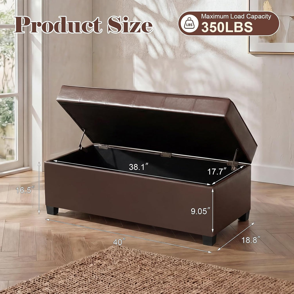 Homebeez 40" Faux Leather Storage Ottoman Bench, End of Bed Bench, Upholstered Bench with Storage for Living Room,Bedroom,Entryway (40" Brown)