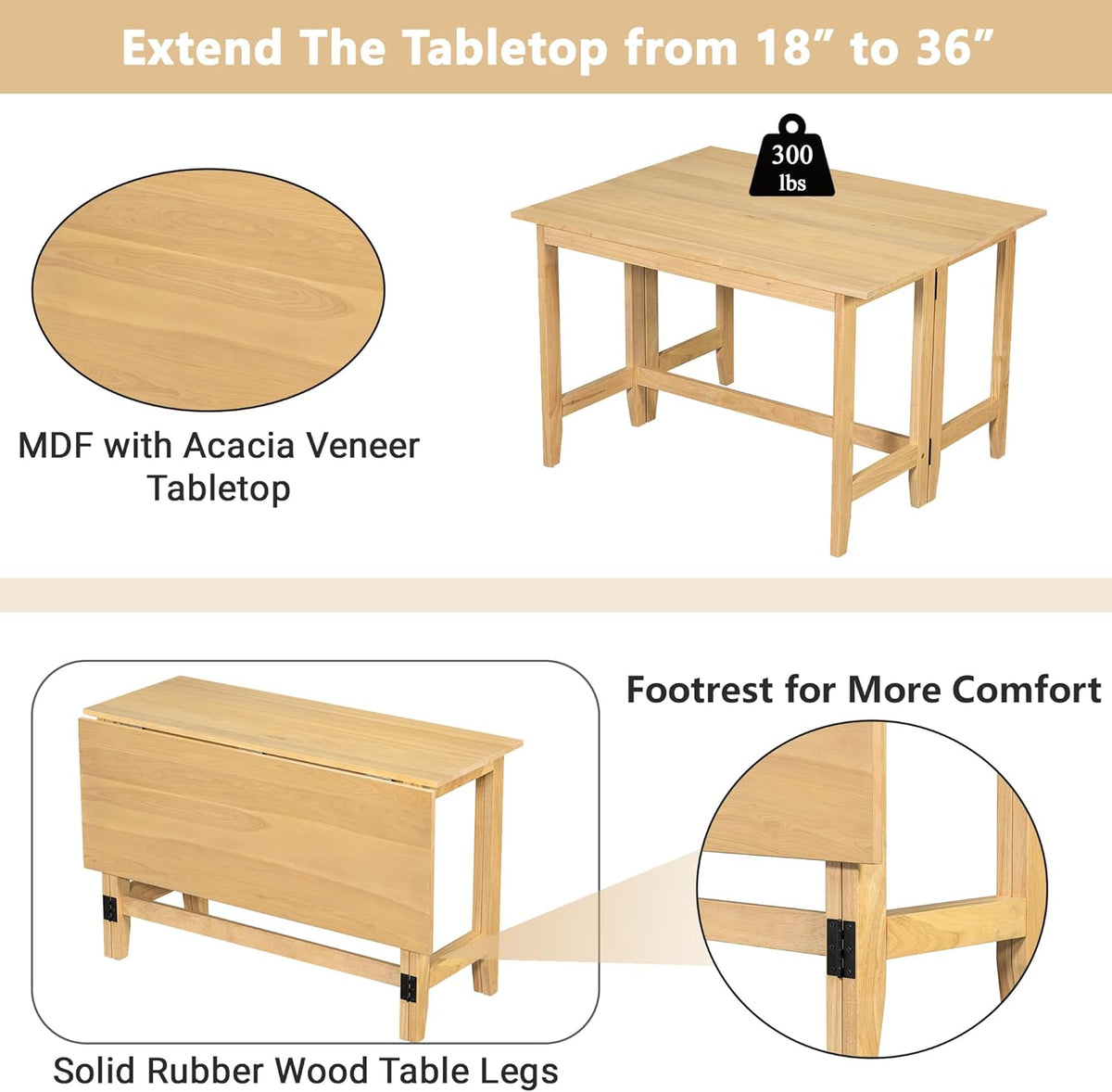 LUMISOL Extendable Dining Room Table for 4, Small Folding Drop Leaf Kitchen Dining Table, 18–36 inch, Space-Saving, Easy Assembly, Natural