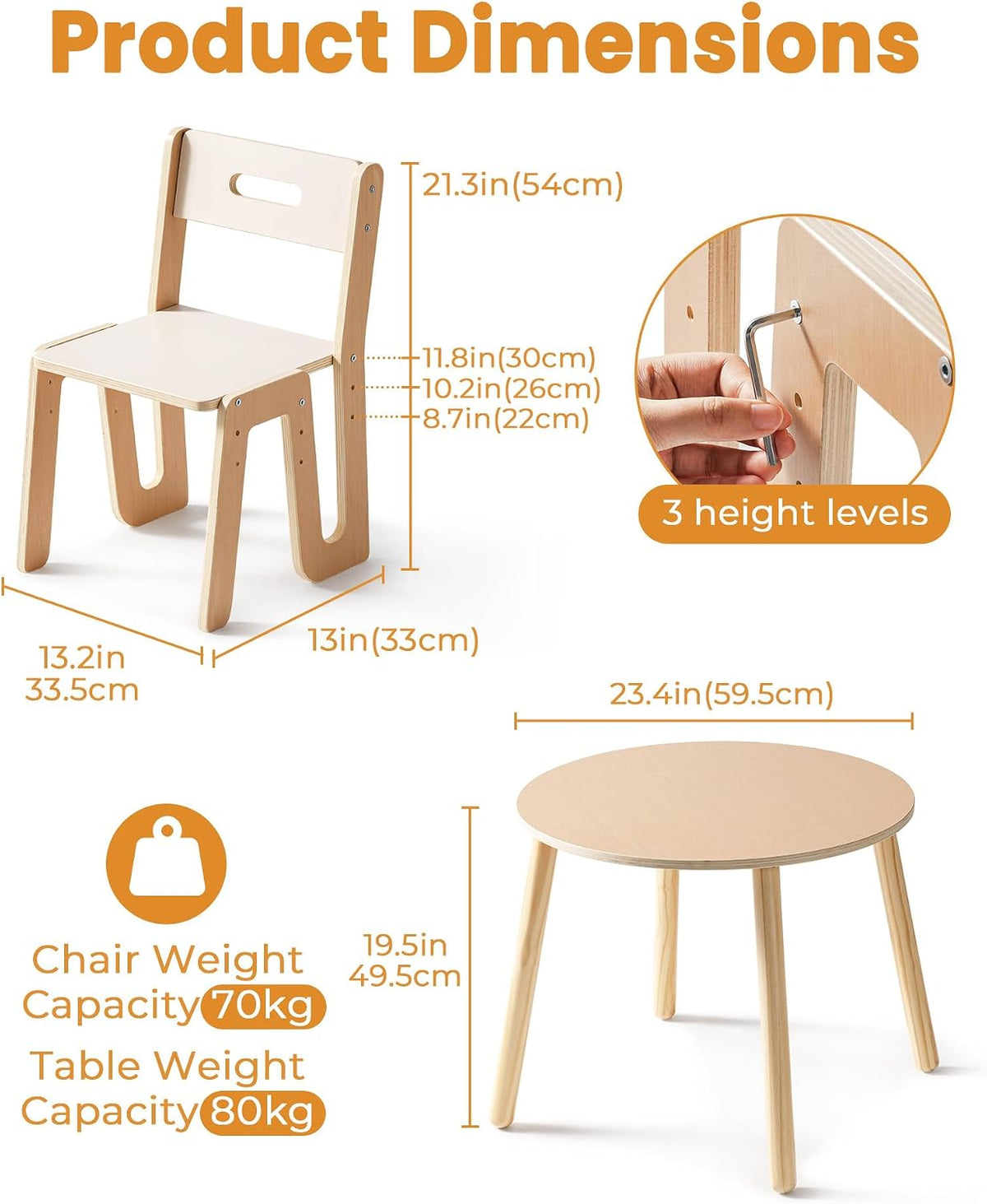 ROBUD Wooden Toddler Table and Chair Set, 2 Height Adjustable Toddler Chair Ages 3-8, Kids Desk for Classroom/Daycare/Home, Children Multi-Activity Table, WG425