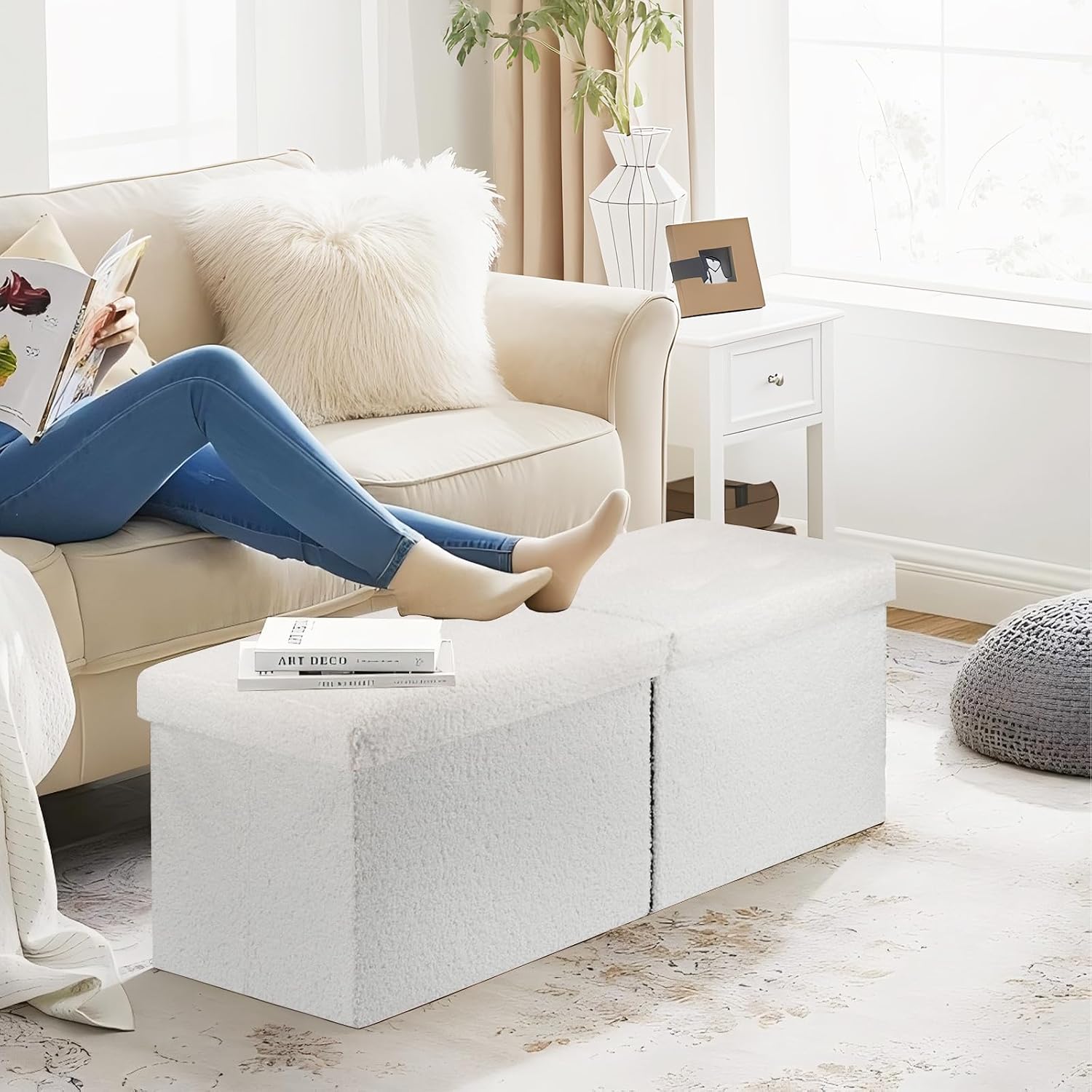 Storage Ottoman Bench, 34" Teddy Velvet Folding Foot Rest, White | Large Ottoman with Storage, Thicker Foam Padded Seat, 34 x 13 x 13in, Livingroom, Dorm, Bedroom, Easy to install, 86L