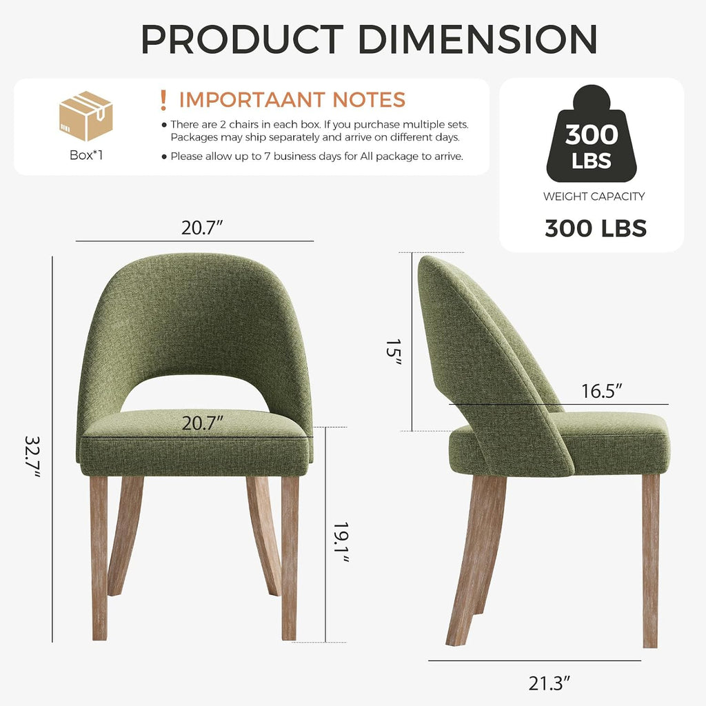 Wooden Dining Chairs Set of 2, Upholstered Modern Chenille Dining Room Chair Kitchen Chairs, Comfy Farmhouse Dinner Chair for Kitchen Dining Room, Green