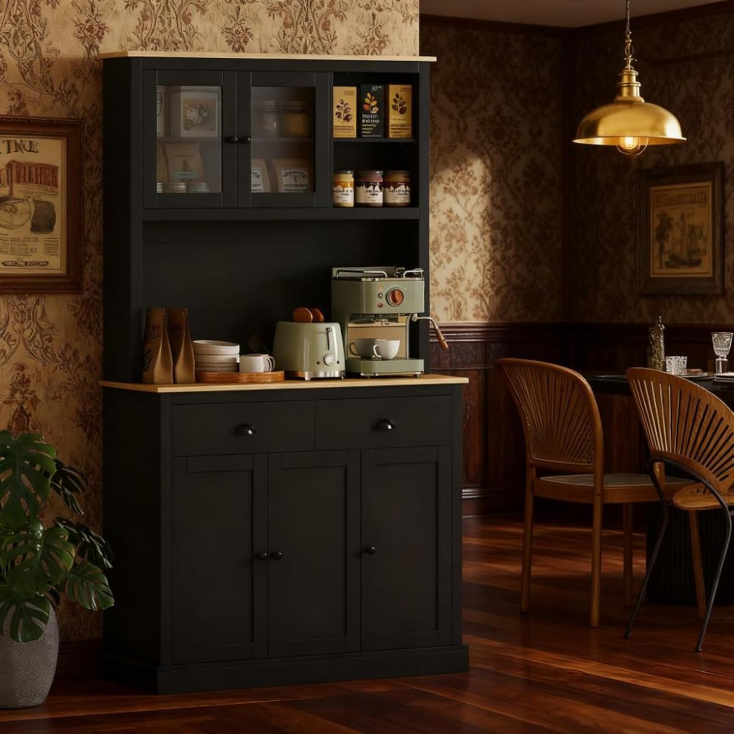 Kitchen Pantry Cabinet Tall Food Pantries w/Drawers&Adjustable Shelves for Kitchen,Multi-functional Kitchenware Server Utility Storage Organizer w/Microwave Stand&Open Countertop (Black + 71 inches)
