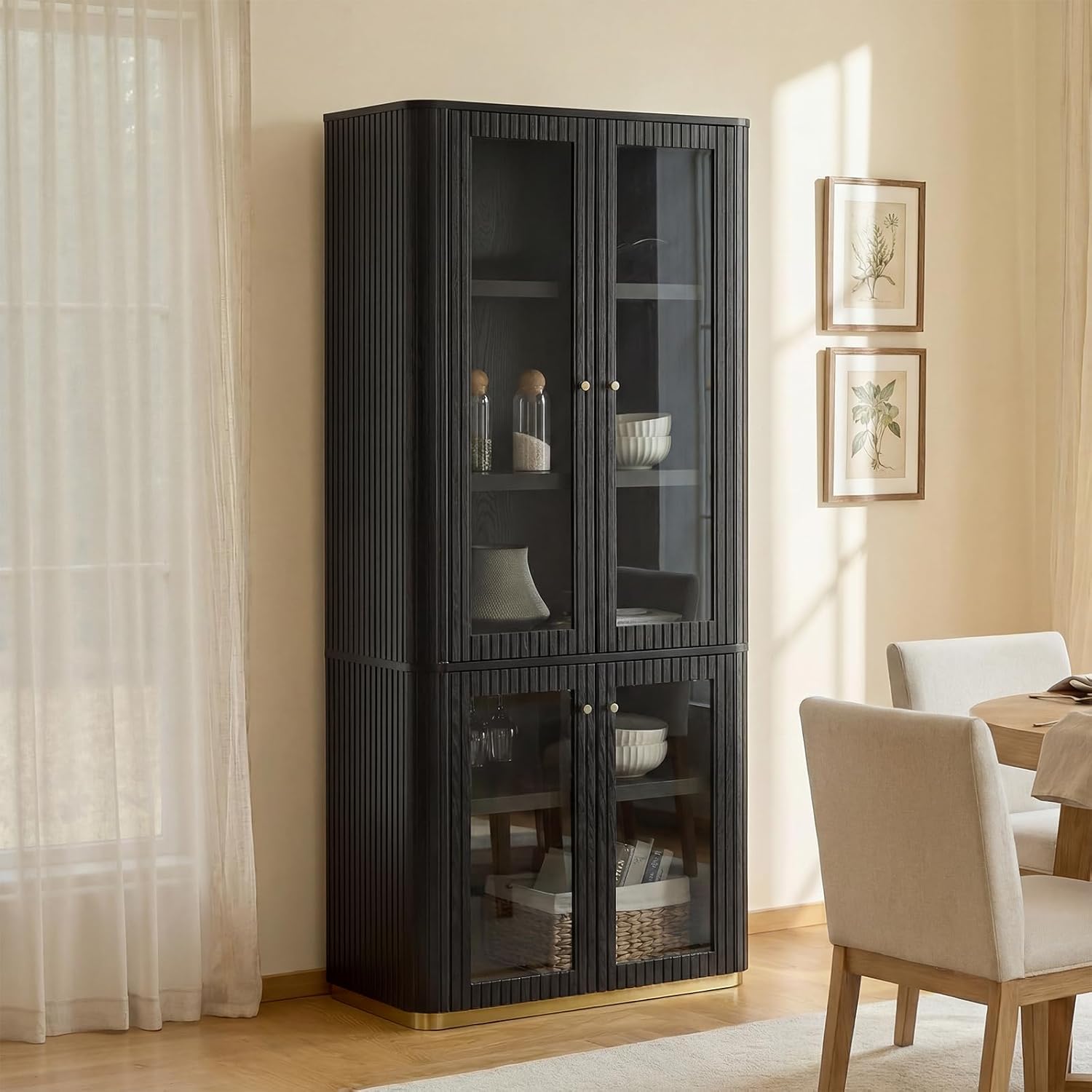 HULALA HOME Modular Display Storage Cabinet, 79.5" Tall Fluted Bookcase with Glass Doors, Modern Pantry Cabinet for Dining Room Home Office Living Room, Black