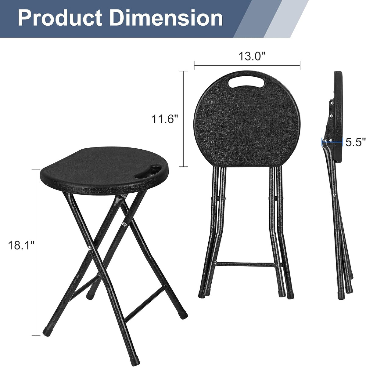 VECELO Folding Stool 18" with Handle, Solid Bottom Support, Iron X-Frame, 500 lbs Capacity, Anti-Slip Feet, Easy Clean, Lightweight Foldable Stool for Camping, Kitchen, Vanity and Outdoor, Black