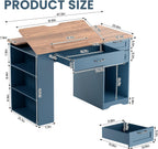 Drafting Table with Storage Cabinet & Drawers, Adjustable Drawing Table with Open Shelves, Craft Art Desk for Artists, Painters, Drawing, Crafting, Reading, Writing, Working (Blue)