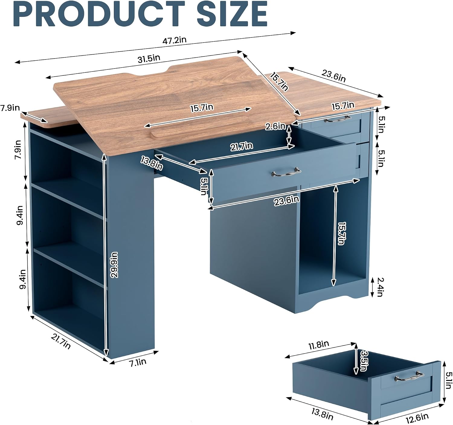 Drafting Table with Storage Cabinet & Drawers, Adjustable Drawing Table with Open Shelves, Craft Art Desk for Artists, Painters, Drawing, Crafting, Reading, Writing, Working (Blue)