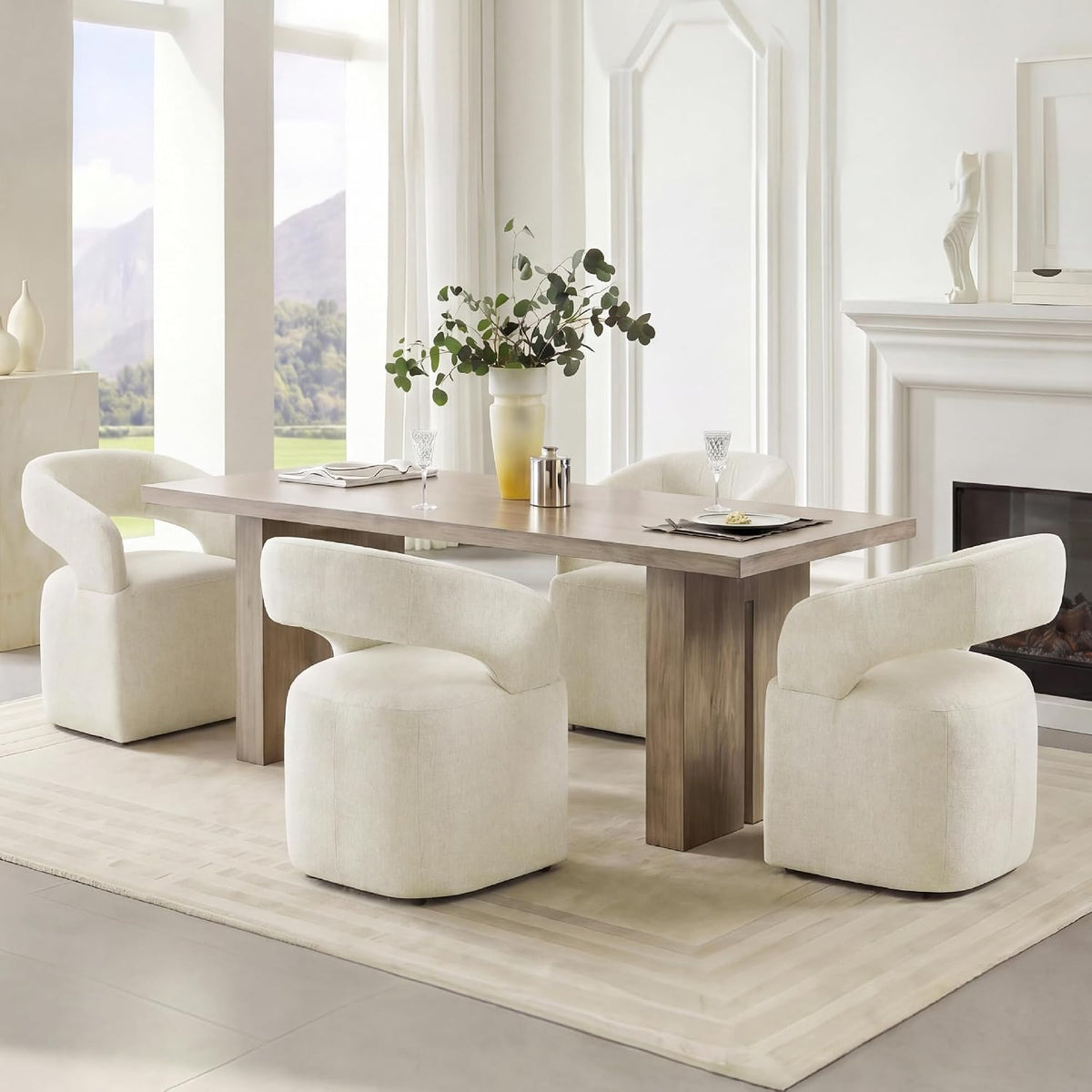 KISLOT Upholstered Dining Chairs Set of 2, Modern Arm Kitchen & Dining Room Chairs with Hidden Casters, Linen Fabric Padded Rolling Chairs, Sturdy Wood Frame, 300 lbs Capacity, Cream Beige