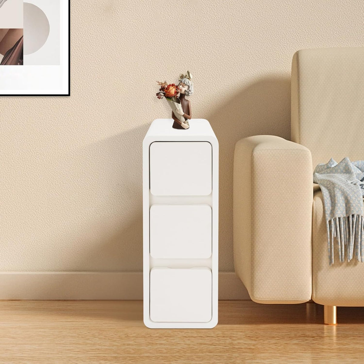 Solid Wood End Table, Narrow Bedside Table with 3 Drawers w/Leather Surface for Bedroom, Small Spaces, Living Room, Off-White