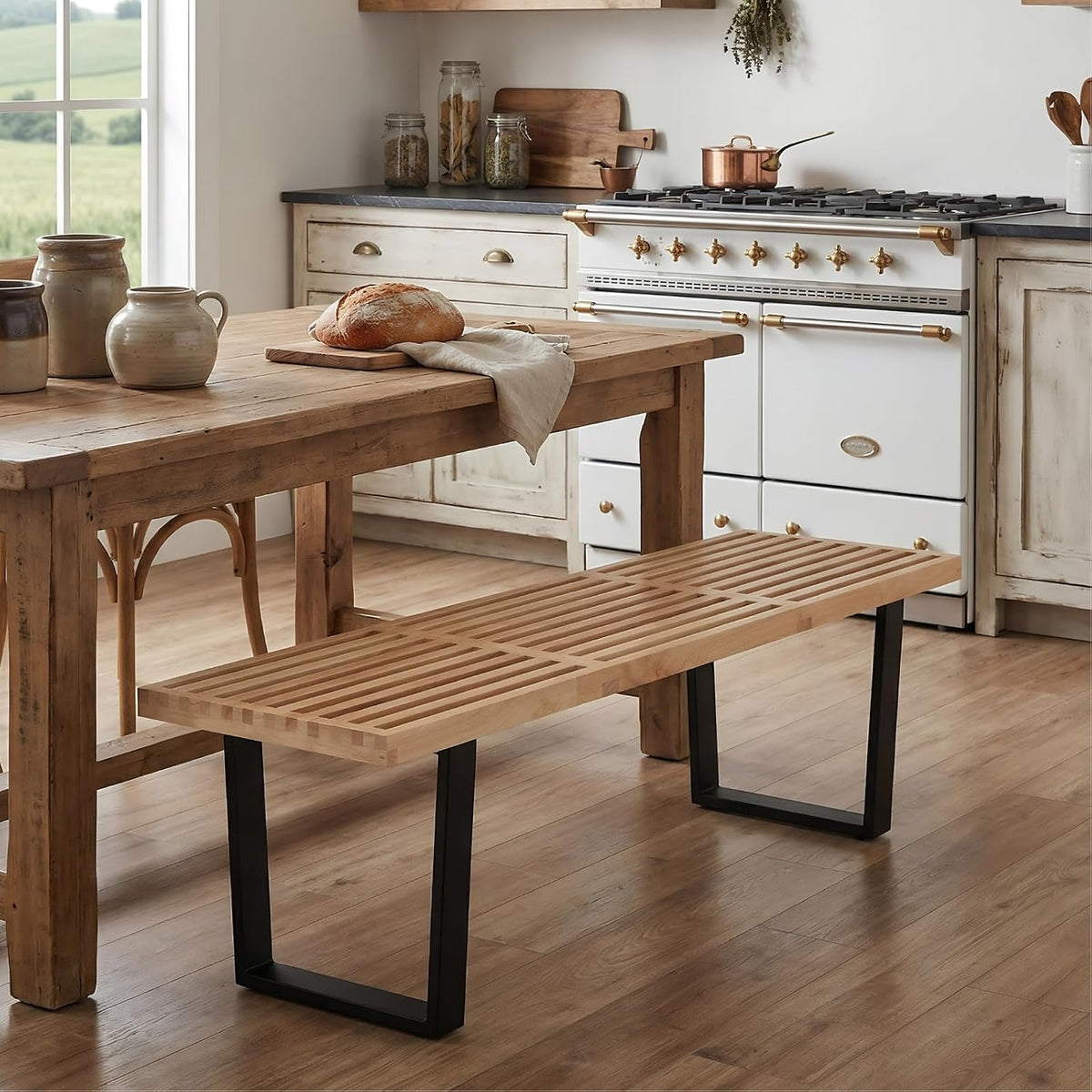 HNY Modern Entryway Bench Wood Dining Bench Minimalist Nelson Bench with Metal Legs for Bedroom Dining Room Hallway Foyer Living Room, Natural Finish