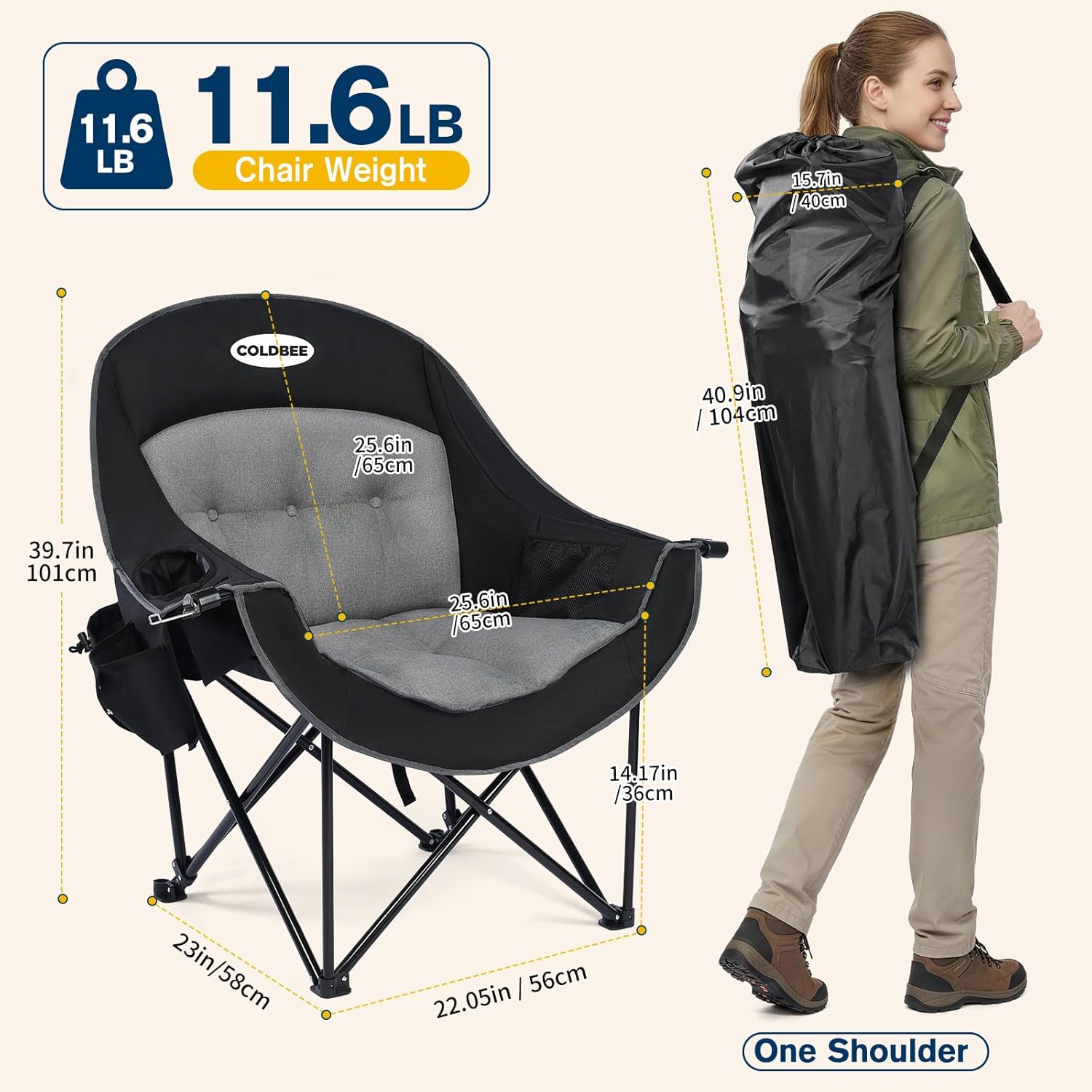 Coldbee Oversized Camping Chairs for Adults - Heavy Duty Padded Folding Lawn Chairs with Cup Holders & Cooler Bag, Comfy Outdoor Chair for Picnic, Beach, Fishing (Black)
