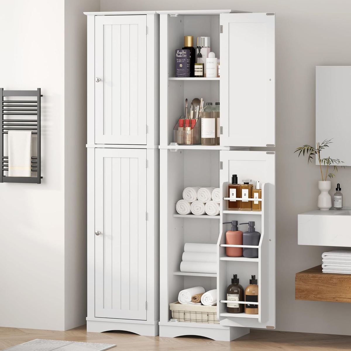 Function Home Tall Bathroom Storage Cabinet, 64" Slim Kitchen Pantry with Door Storage, Narrow Wood Freestanding Cabinets with Adjustable Shelves for Kitchen Living Room Dining Room, White