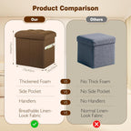 Storage Ottoman Cube, 17" High Folding Linen Foot Rest for Bedroom, Brown | Small Ottoman with Storage for Dorm with Thicker Foam Padded Seat. Foot Stools Ottoman with Side Pocket & Handles, 17x13x13in