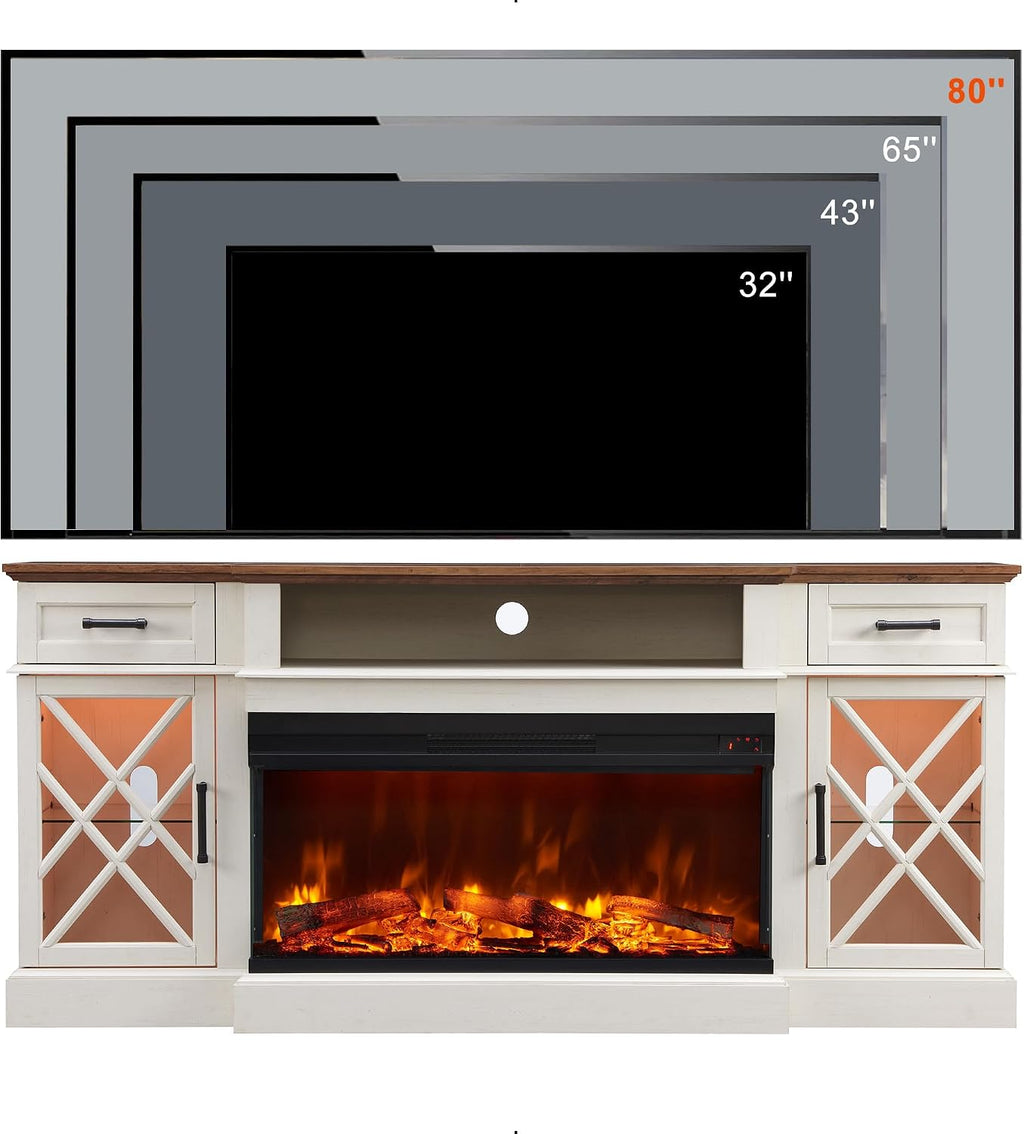 OKD Farmhouse TV Stand with Fireplace, 70'' Entertainment Center Stand with 36" 3-Sided Glass Electric Fireplace for TVs Up to 80 in, with 2 Drawers & 2 Storage Cabinet for Living Room, Antique White | with Fireplace