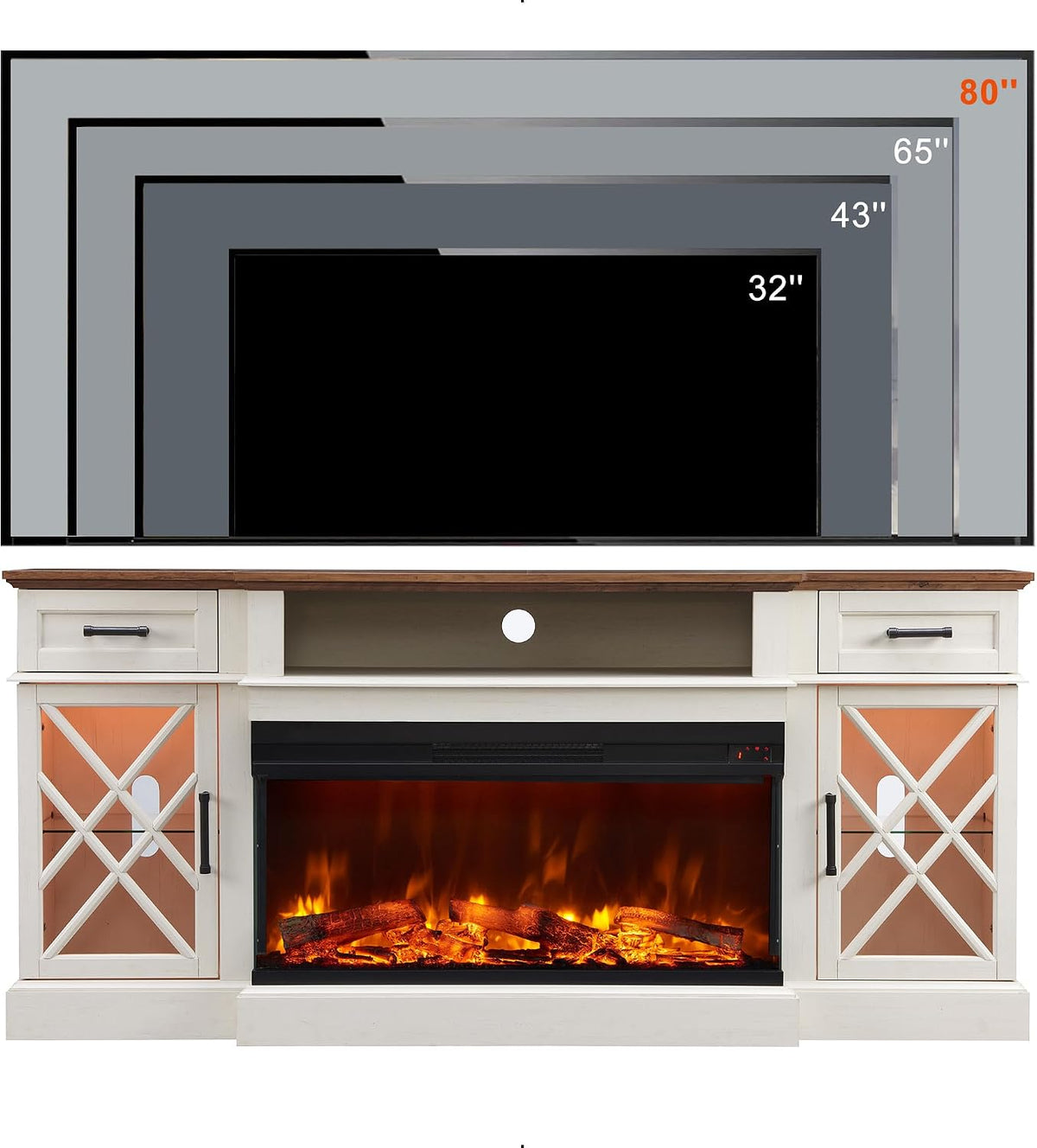 OKD Farmhouse TV Stand with Fireplace, 70'' Entertainment Center Stand with 36" 3-Sided Glass Electric Fireplace for TVs Up to 80 in, with 2 Drawers & 2 Storage Cabinet for Living Room, Antique White | with Fireplace