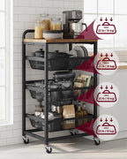 VASAGLE 4-Tier Storage Rolling Cart Organizer with Pull-Out Baskets | Utility Cart with Wheels, Handle, 12.5 x 15.8 x 29.9 Inches, Rustic Brown and Matte Black, DACEY Collection ULRC040K01