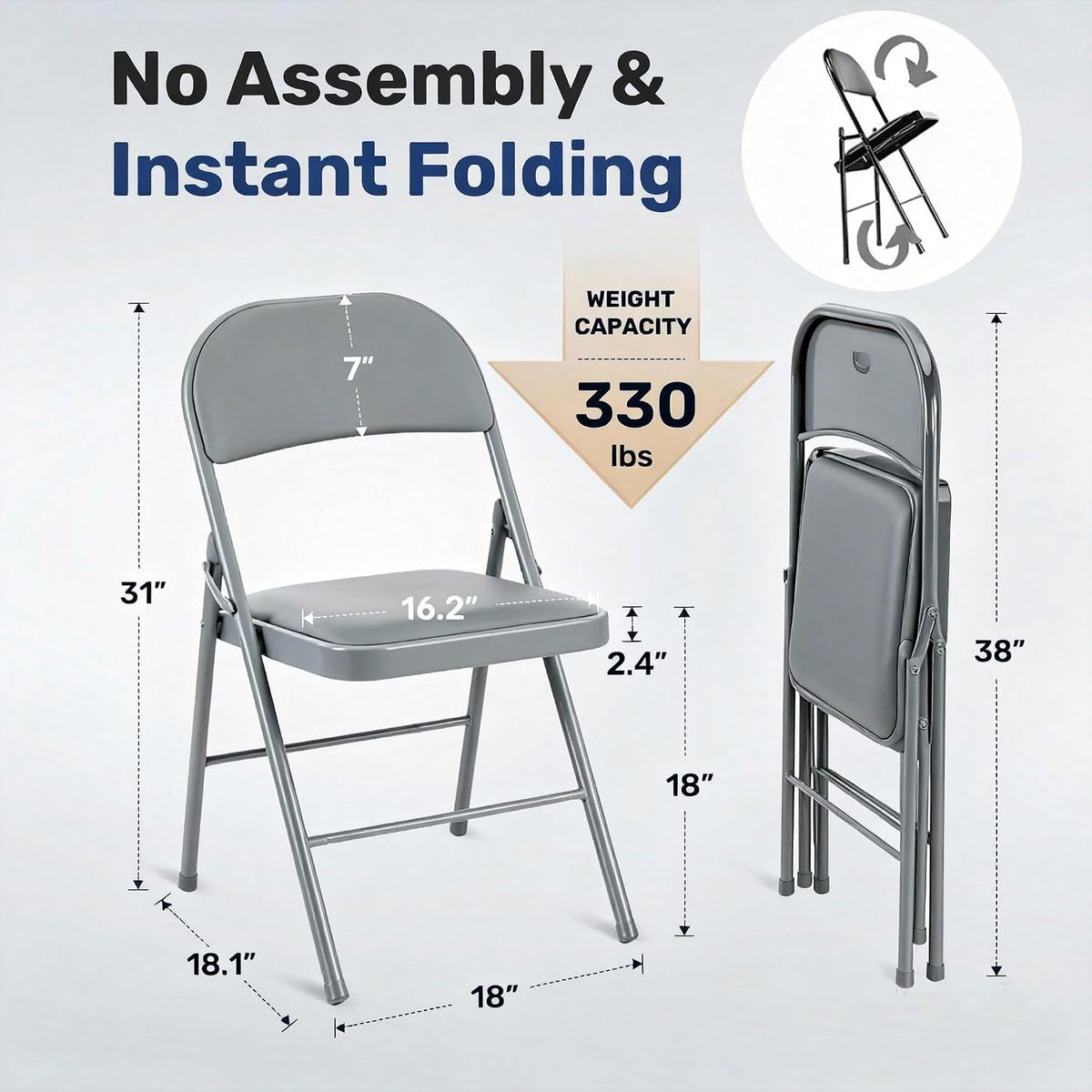 Simple Deluxe Dining Chairs Set of 2, Leather Cushion Foldable Modern Kitchen Side Chair with Padded Back& Metal Legs, Upholstered Dinner Seat Gift for Home/Living Room/Bedroom/Restaurant, Grey