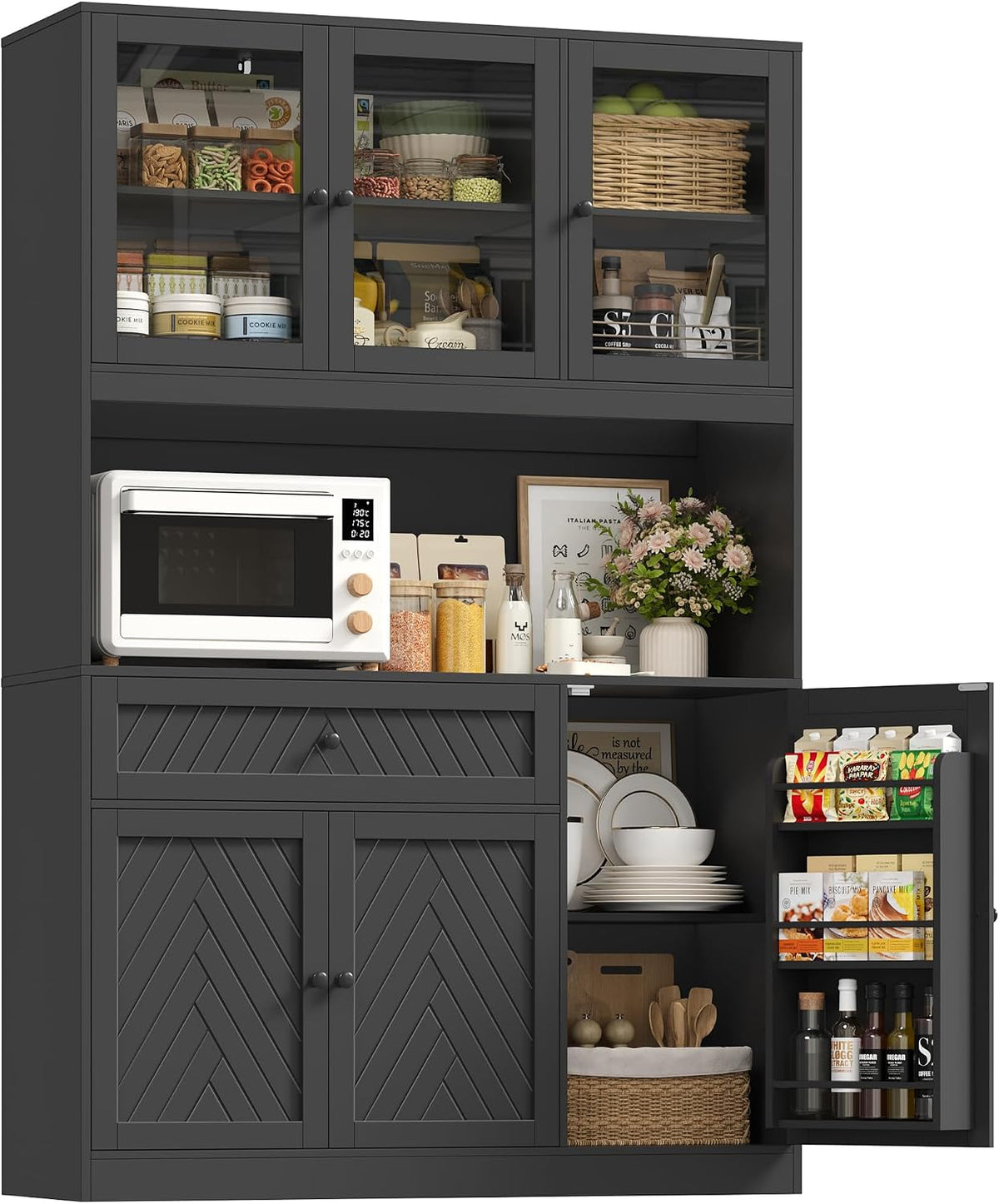 BOTLOG 72” Tall Kitchen Pantry Storage Cabinet, Modern White Kitchen Hutch with Large Storage Drawer, Countertop, Adjustable Shelves, Food Pantry Cabinets for Dining Room, Living Room (Black)