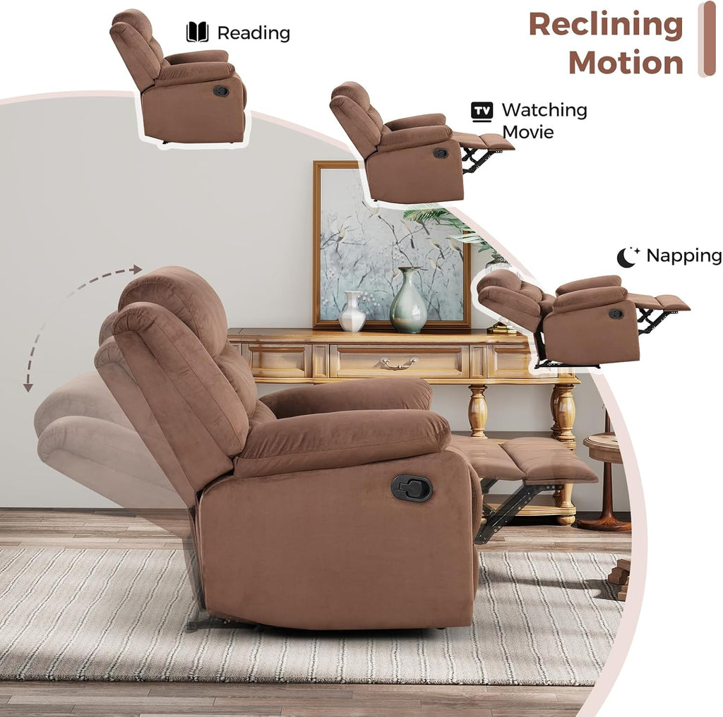 ANJ Manual Recliner Chair for Adults, Velvet Reclining Chair with Padded Arms and Overstuffed Backrest, Single Recliner Sofa for Living Room, Dark Brown