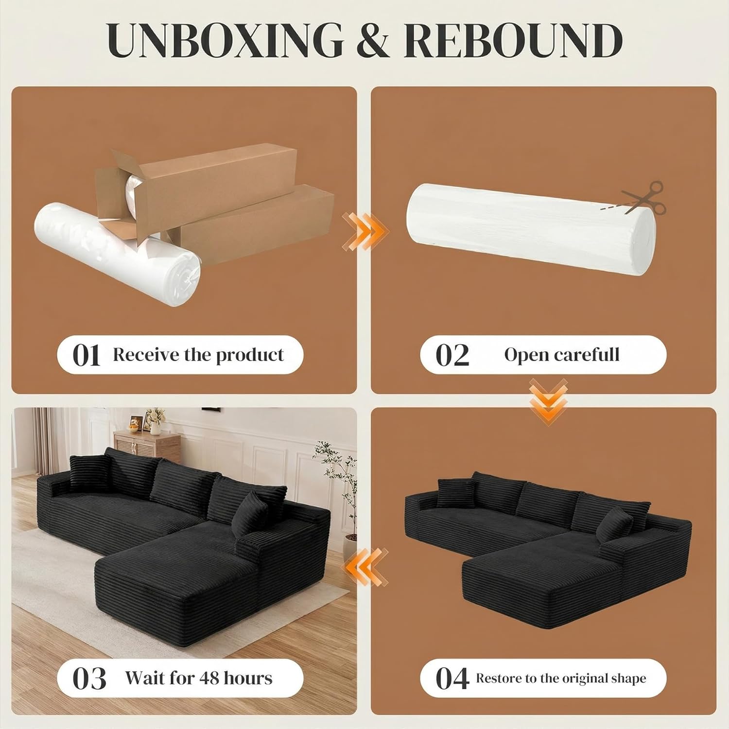 95" L Shaped Cloud Sectional Couches for Living Room, Modern Comfy Modular Deep Seat Memory Foam Compressed Corduroy Sofa Oversized Right Facing Chaise, No Assembly Required, Balck