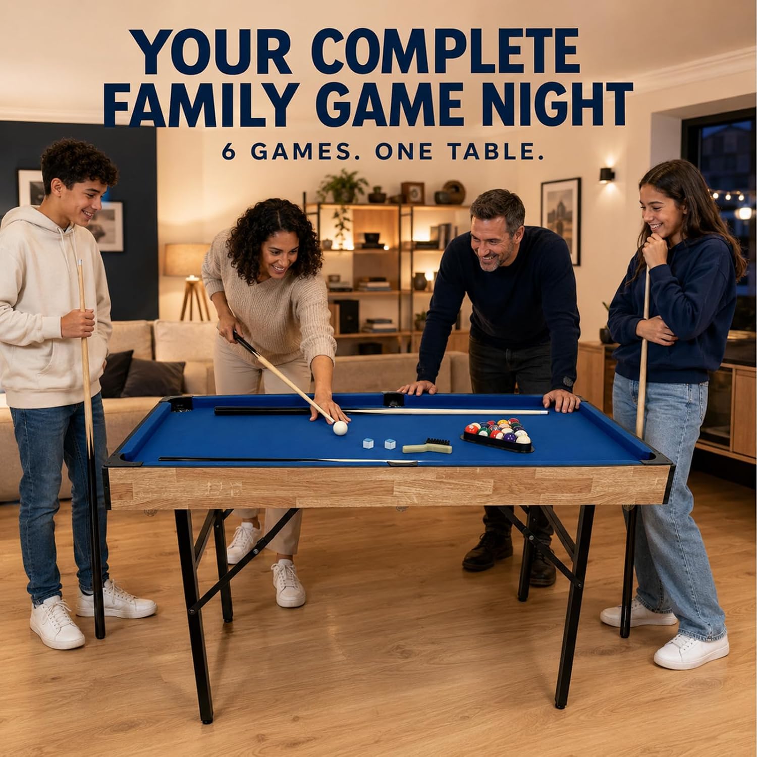 6 in 1 Multi Game Table Folding Pool Table, Billiard, Hockey, Table Tennis, Bowling, Shuffle Board and Tic Tac Toe with All Accessories