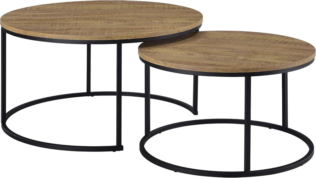 35" Textured Mango Wood Nesting End Table, Nesting End Tables with Open Metal Frame, Coffee Table Set with Flexible Layout for Modern Indoor Lounge Areas, Mango Color