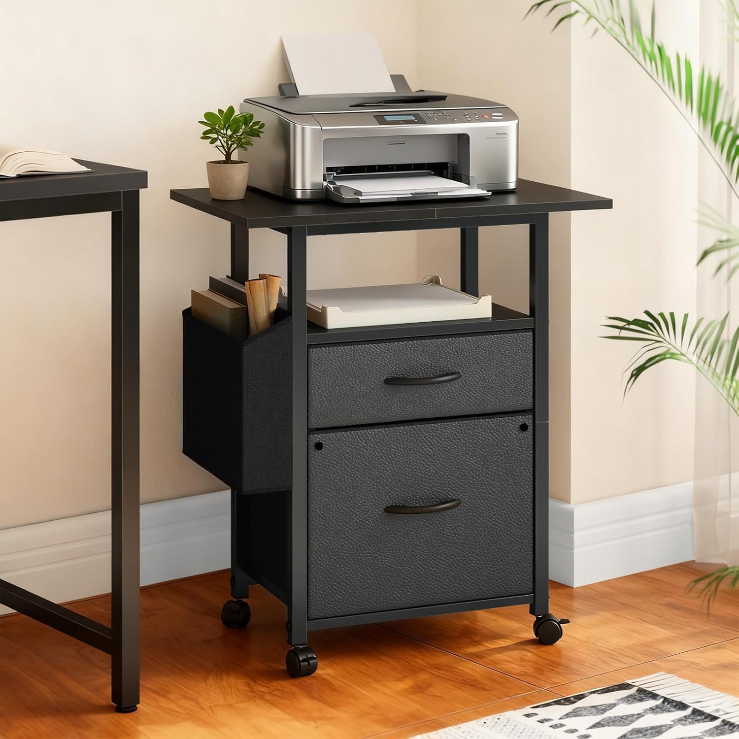 Simple Deluxe 2 Drawer File Cabinet with 24" Extended Desktop, Mobile Filing Cabinet, Rolling File Cabinet with Side Bag, Fabric Drawer, Fits A4/Letter Size, Printer Stand Home Office, Black