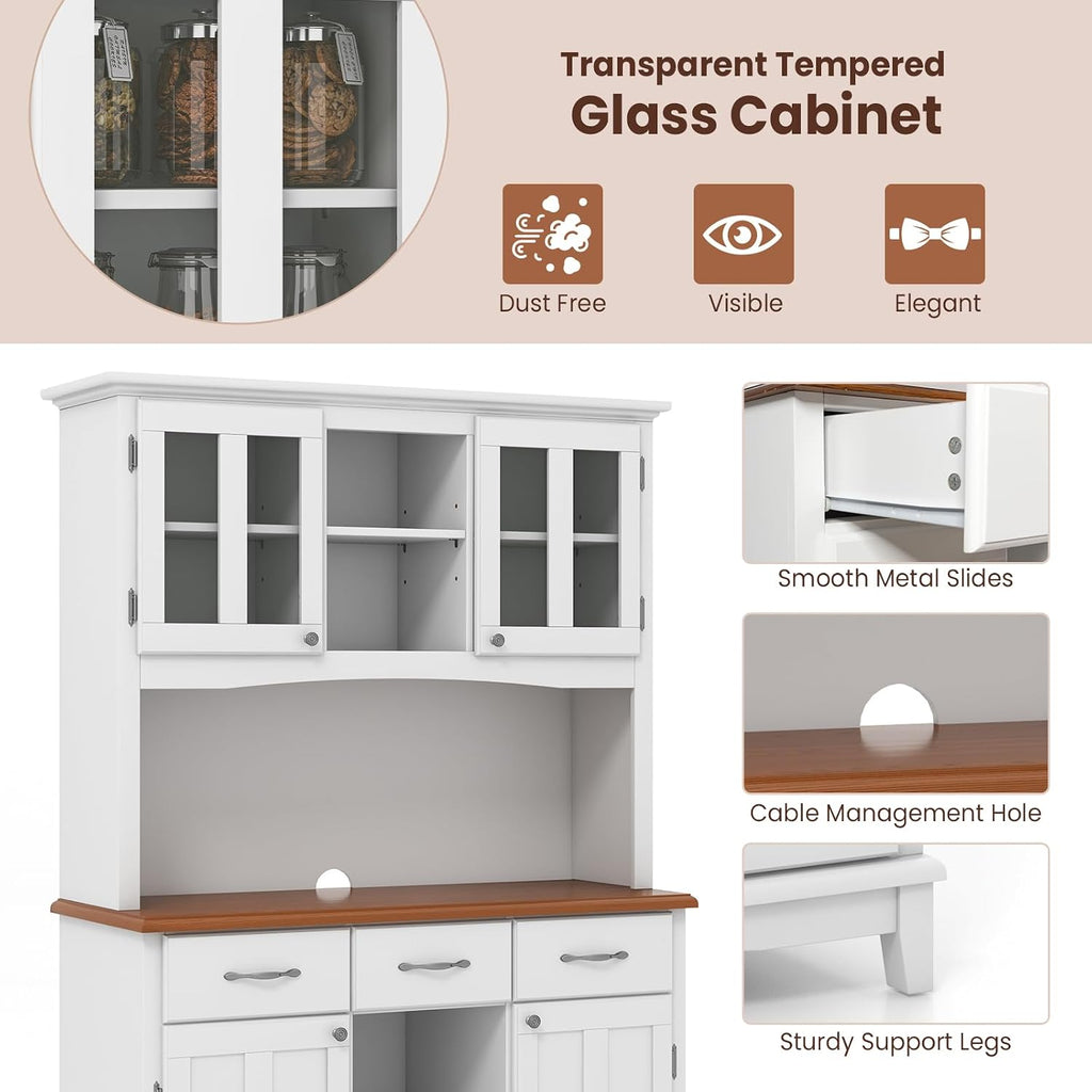 PETSITE Kitchen Pantry Storage Cabinet, Freestanding Microwave Cupboard with Tempered Glass Cabinet, Wine Rack, Adjustable Shelves, Buffet with Hutch for Living Room, Dining Room, White