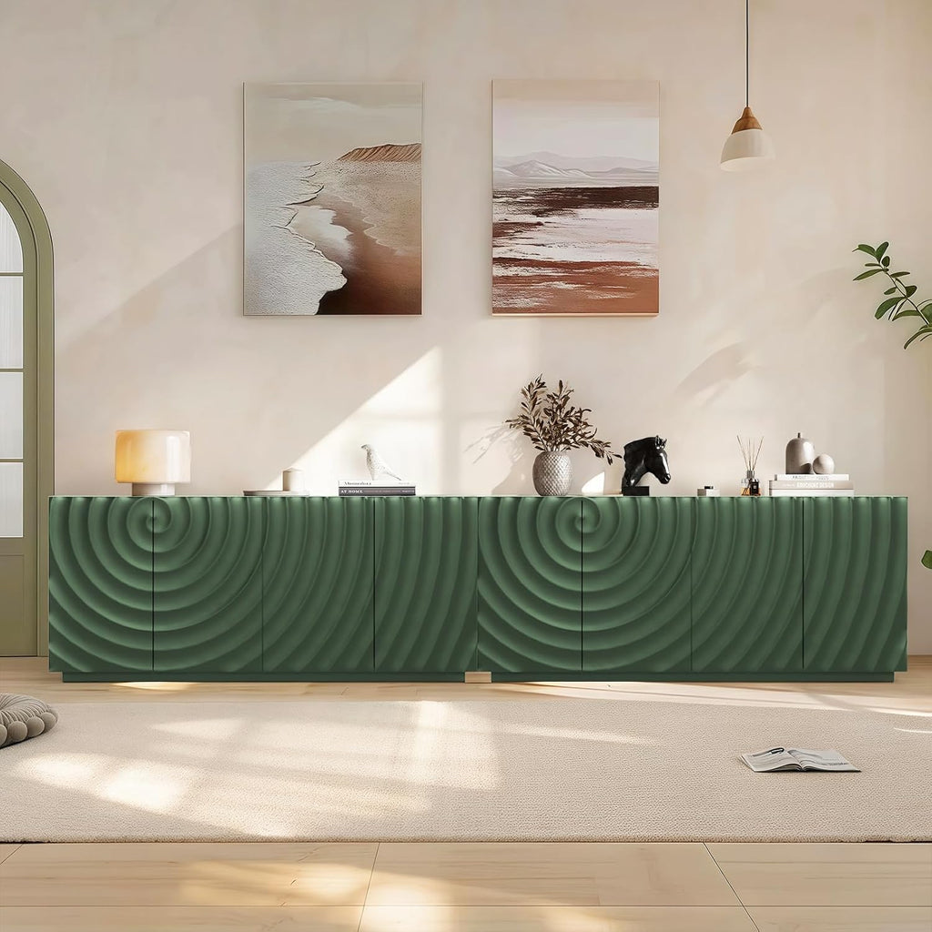 4 Door Modern Sideboard Buffet Cabinet with Spiral Grain, Accent Storage Sideboard Freestanding Anti-Dumping Storage Cabinet Buffet for Kitchen & Living Room (Green)