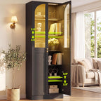 Cyclysio 80" Kitchen Pantry with 3 Motion Sensor Lights, Tall Arch Storage Cabinet with Tempered Glass Doors, Wood Floor Cupboard with Baseboard Cutout for Dining Room, Living Room, Bathroom