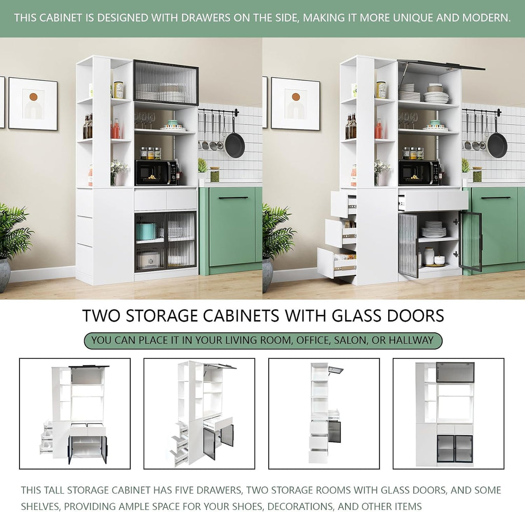 71 Inch Wood Pantry Cabinet with Glass Doors, 39 Inch Wide Freestanding Kitchen Storage Cabinet for Microwave and Coffee Bar, Modern Sturdy Tall Pantry Cabinet with Shelves & 5 Drawers, (White)