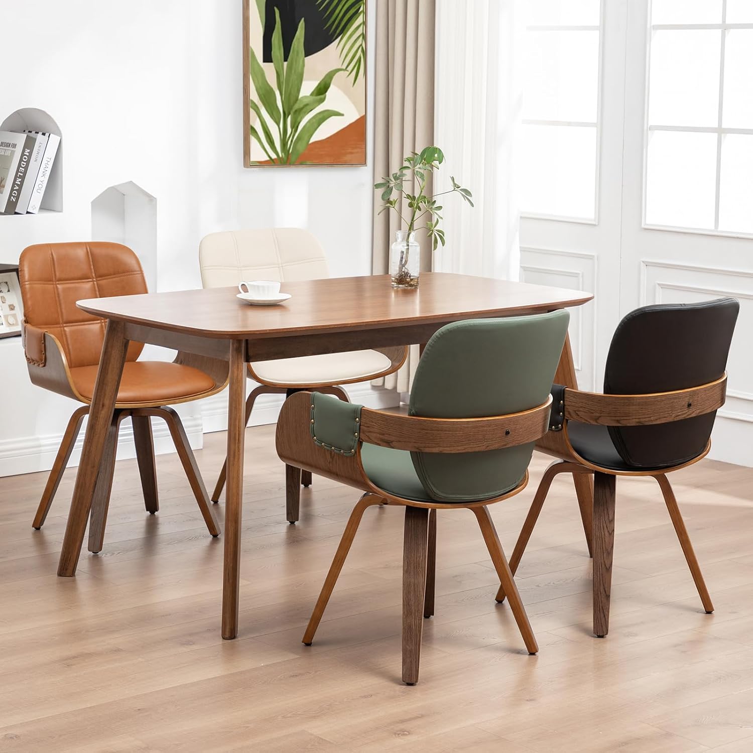 Dining Chairs Set of 6, 360° Swivel Faux Leather Dining Room & Kitchen Chairs with Arms, Ergonomic Curved Back, 19.7" Seat Height, Bentwood Solid Wood Frame, Walnut Finish, Mid-Century Modern, Beige