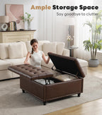 Tbfit 35.5" Large Square Storage Ottoman Bench, Tufted Upholstered Coffee Table Ottoman with Lift Top & Wooden Legs, Oversized Storage Ottomans Toy Box for Living Room (Dark Brown)