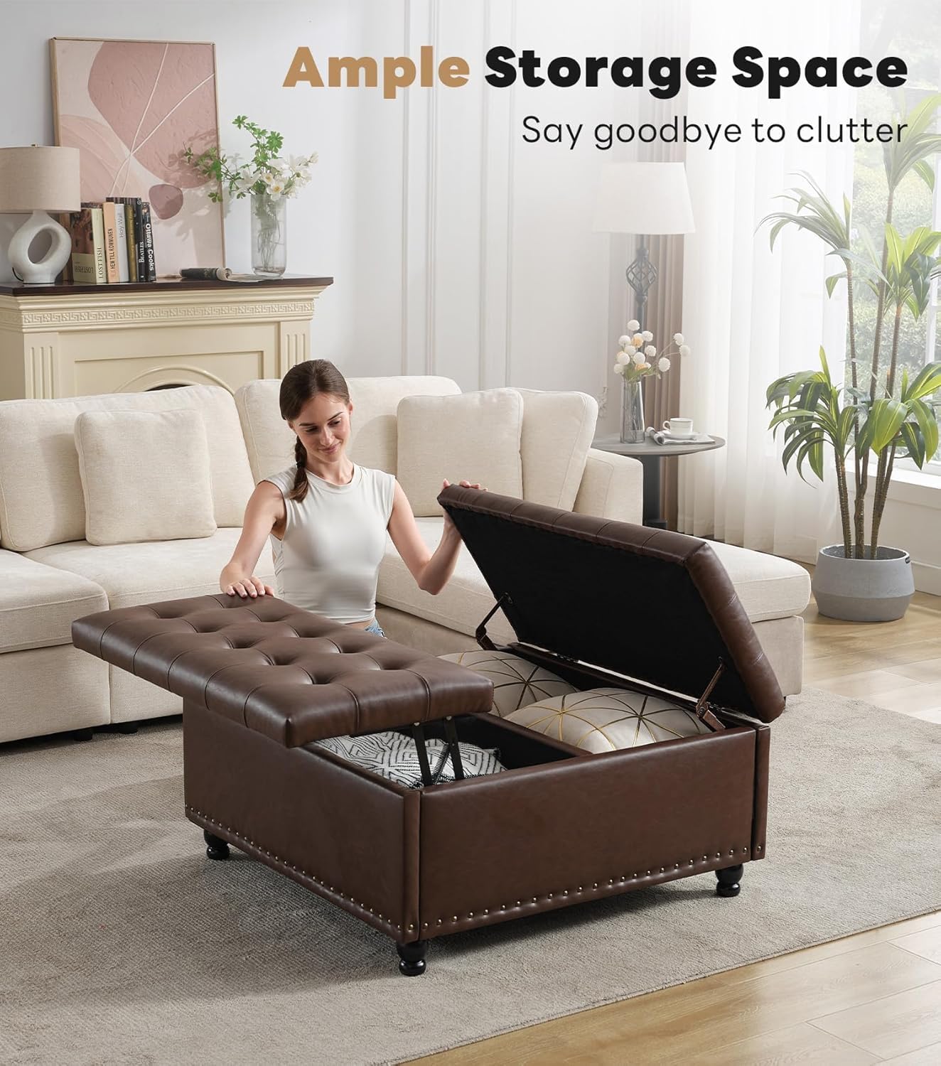 Tbfit 35.5" Large Square Storage Ottoman Bench, Tufted Upholstered Coffee Table Ottoman with Lift Top & Wooden Legs, Oversized Storage Ottomans Toy Box for Living Room (Dark Brown)