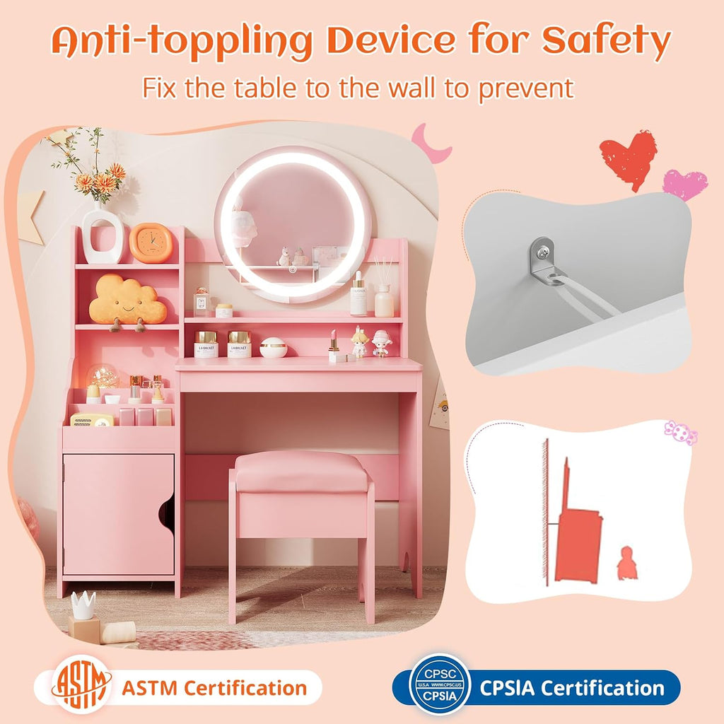 Vabches Kids Vanity with Lights, Toddler Vanity Table and Chair Set | Princess Makeup Vanity Desk with Open Bookshelf, Storage Cabinet & Shelves, Pretend Play Vanity Set for Little Girls, Pink