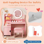 Vabches Kids Vanity with Lights, Toddler Vanity Table and Chair Set | Princess Makeup Vanity Desk with Open Bookshelf, Storage Cabinet & Shelves, Pretend Play Vanity Set for Little Girls, Pink