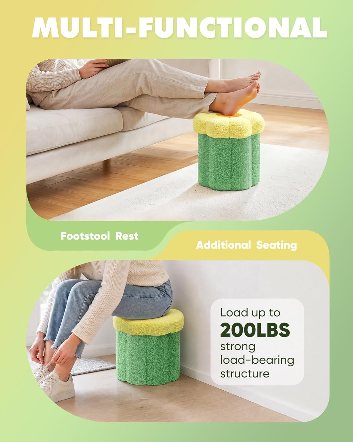 B FSOBEIIALEO Storage Ottoman Foldable, Sunflower Shaped Small Footrest Collapsible Folding Seat Bench for Bedroom Living Room Entryway, Faux Teddy Fur, Green 12.6"x12.6"x11.4"