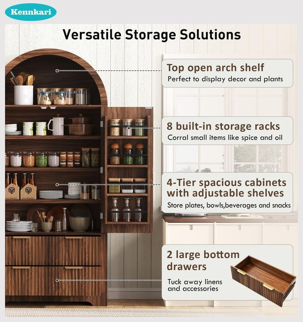 Tall Arched Kitchen Pantry Cabinet with Drawers, Mid Century Modern Fluted Storage Cupboard, Freestanding Wooden Hutch, Adjustable Shelves, Door Shelves for Dining Room Organization (Walnut)