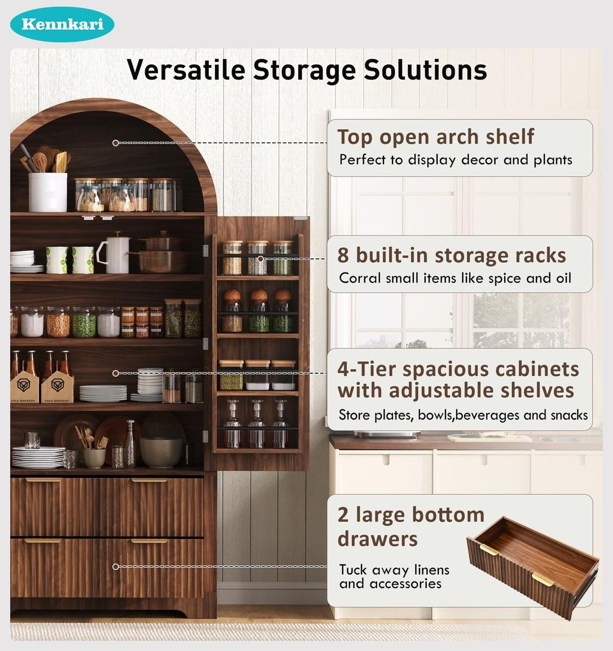 Tall Arched Kitchen Pantry Cabinet with Drawers, Mid Century Modern Fluted Storage Cupboard, Freestanding Wooden Hutch, Adjustable Shelves, Door Shelves for Dining Room Organization (Walnut)
