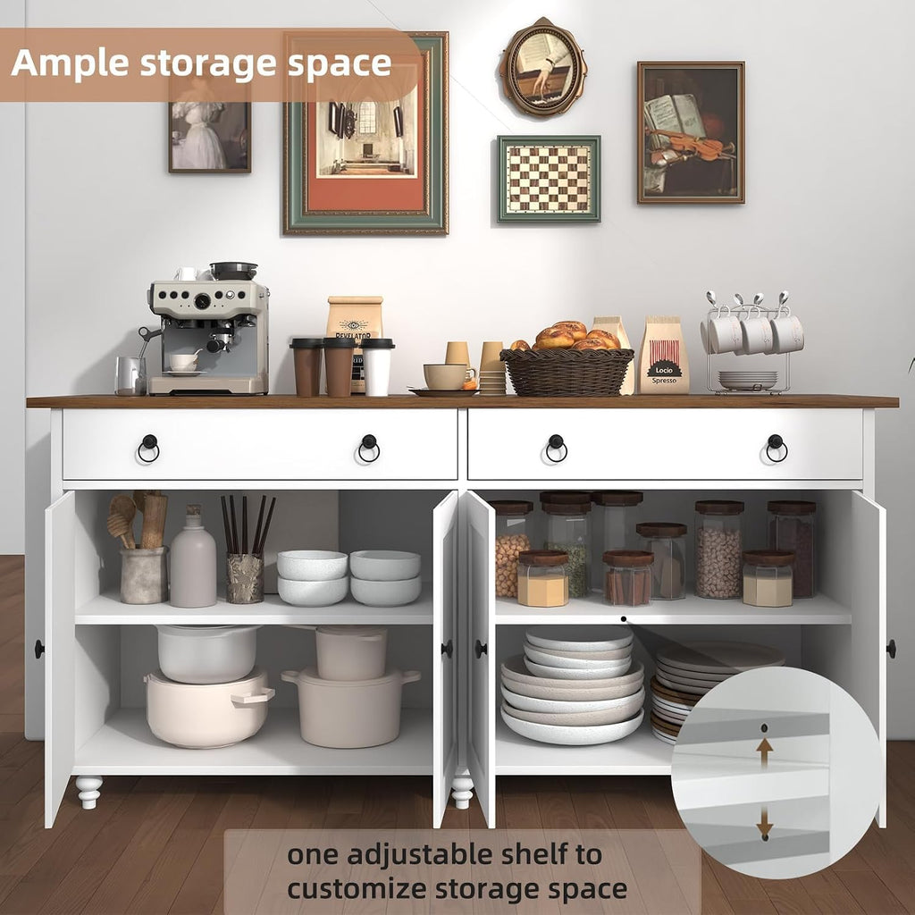 4 EVER WINNER Buffet Cabinet with Storage, 55'' Sideboard Buffet Cabinet with 2 Drawers, Coffee Bar Cabinet with 4 Doors, Kitchen Buffet Cabinet for Living Room, White